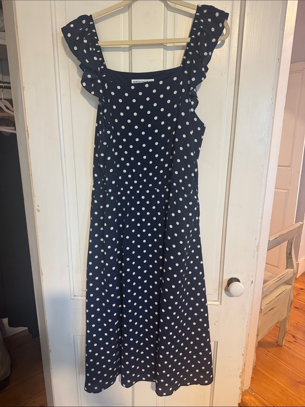 Navy Polka Dot Ruffle Strap Midi Dress